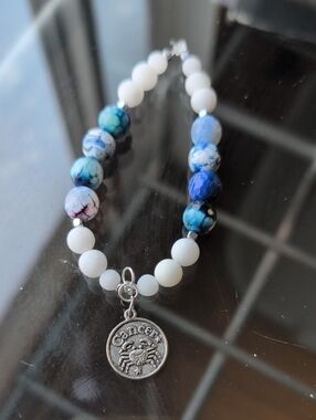 Cancer Zodiac Charm Bracelet - White Jadeite and Blue Agate Beaded Bracelet